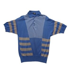Vintage Modigliani Knit Polo Shirt Mens 48‎ Blue Striped Made in Italy 90s Retro